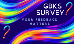 Rainbow swirls of bright colours merging into each other at the upper left and lower right quadrants, with two brightly coloured rainbow question marks at lower left and upper right, with the words "GBKS Survey" and "Your feedback matters" in light text on a dark background.